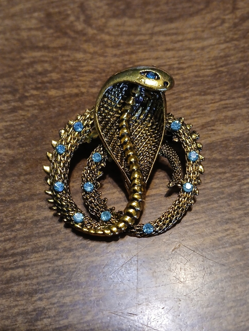 Goldtone Cobra Reptile Brooch with Blue Accents